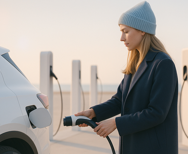 Femme rechargeant un véhicule électrique